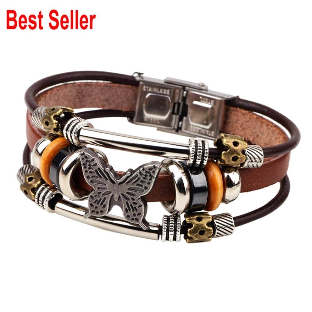 Leather and Alloy Adjustable Wrap Bracelet with Buckle Closure